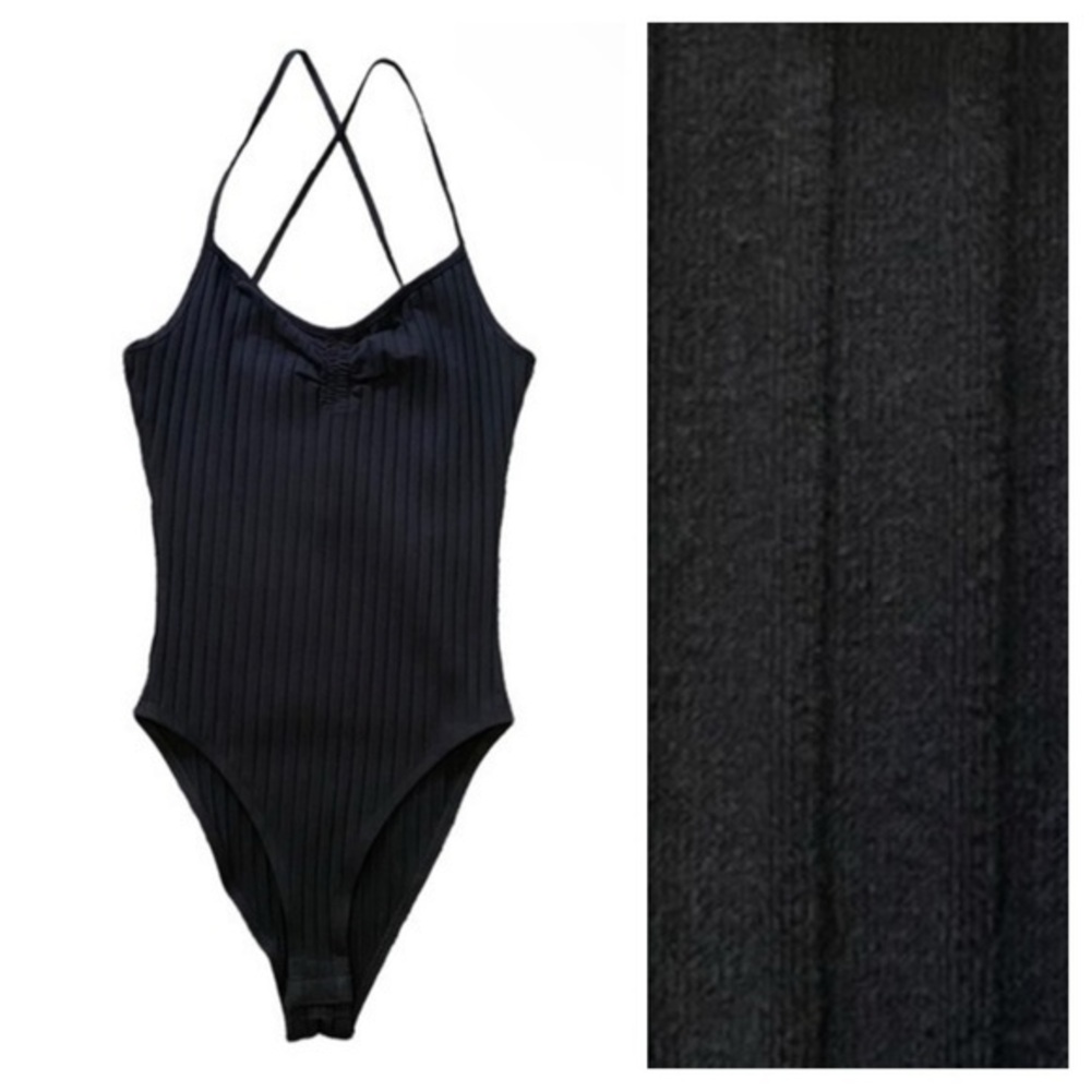 Zara Black Ribbed Body Suit Spaghetti Straps Small